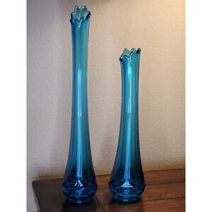Set Of 2 Vintage L.E. Smith Glass Swung Vase Simplicity Peacock Blue Pedestal